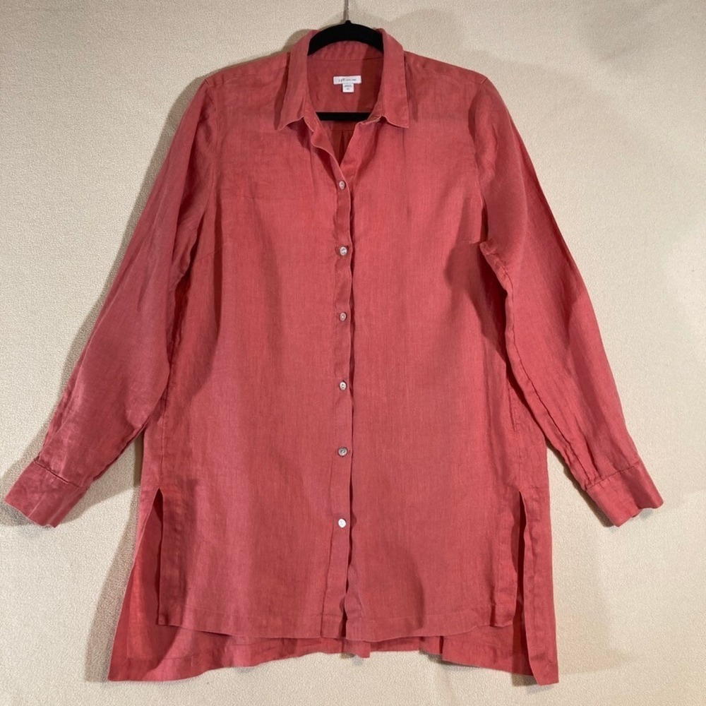 J Jill Love Linen Button Up Tunic Sz Large Tall Coral Preppy Coastal Vacation
